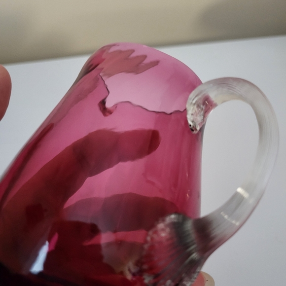 Vintage Small Cranberry Optic Blown Glass Pitcher with Applied Clear Handle - Picture 9 of 15